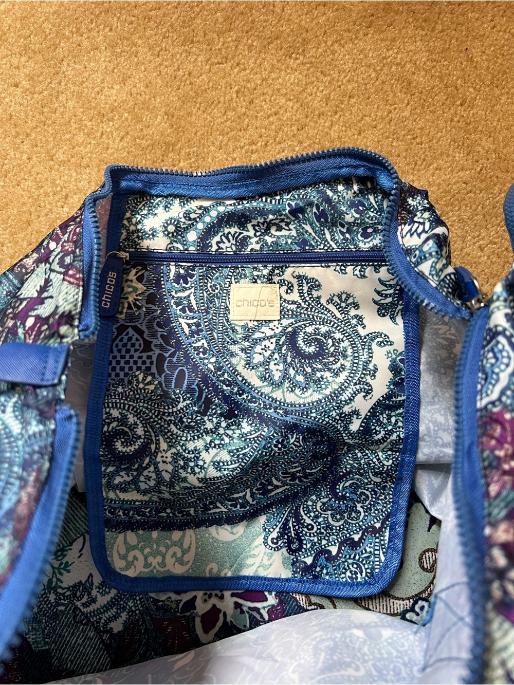 Chico's Packable Foldable Travel Tote Bag Paisley Blue Purple Large Expandable - Picture 4 of 13